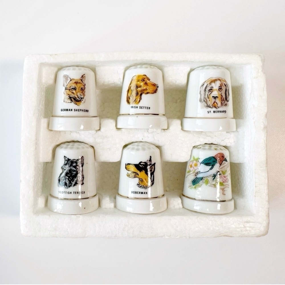 VTG Porcelain Thimbles Dogs & 1 Bird Sewing Rare Collectibles Country Farmhouse